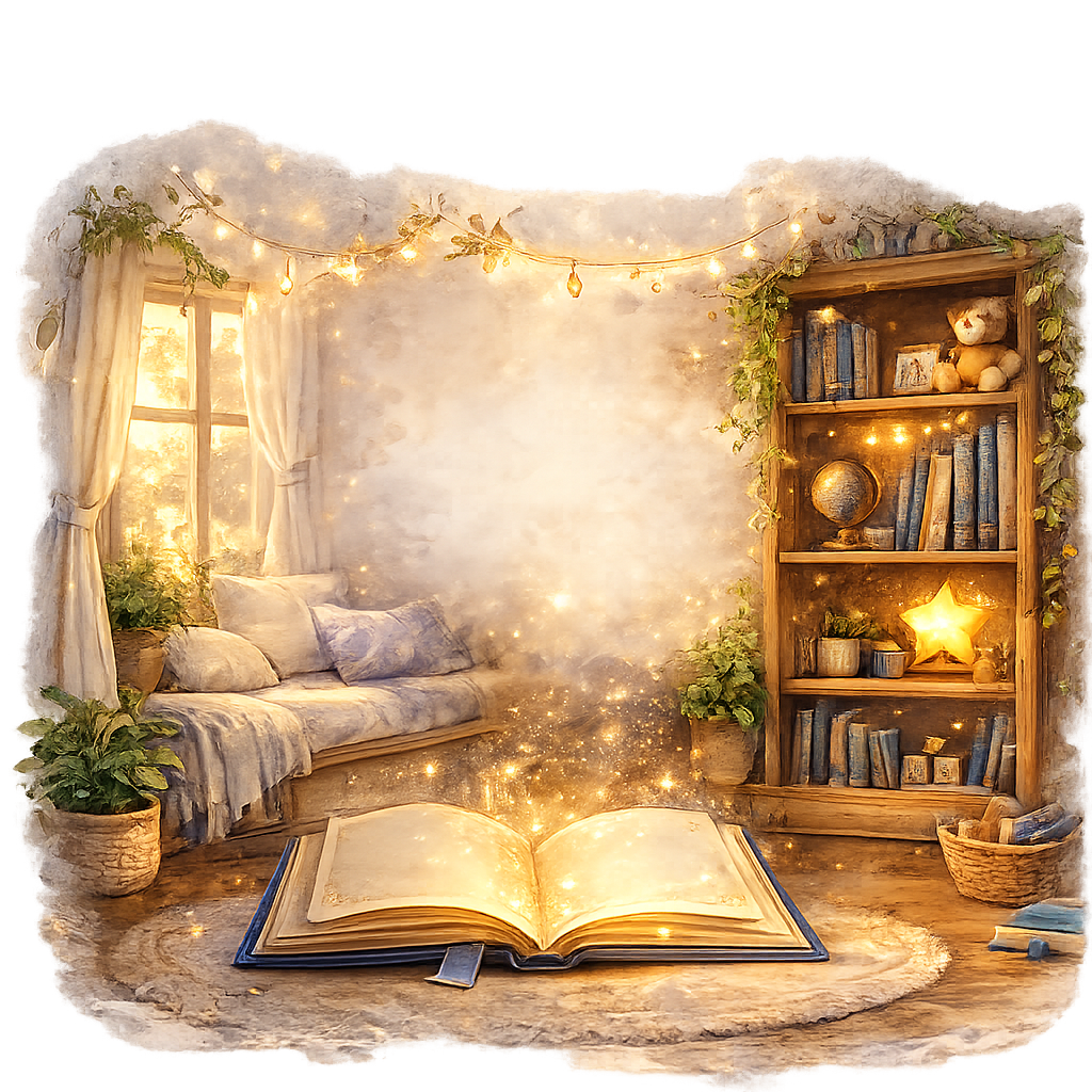 A warm family library filled with treasured storybooks